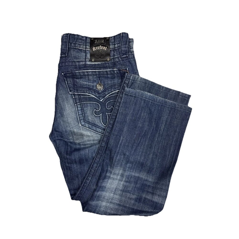 Rock Revival Steven Straight Jeans 33x27 Distressed Blue Denim